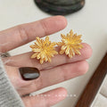 Gold Textured Wheat Leaf Radial Starburst Stud Earrings view 4