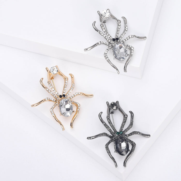 Crystal Spider Brooch in Black Silver or Gold Tone