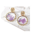 Gold Tone Scalloped Round Pressed Flower Resin Stud Earrings view 5