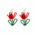 Red Beaded Tulip Drop Earrings Green Leaf Gold Hooks view 5