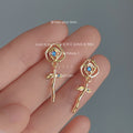 Gold Openwork Rose Drop Stud Earrings Blue Crystal Accents view 2
