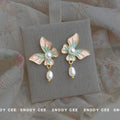 Gold Butterfly Pink Mint Enamel Pearl Drop Earrings view 3