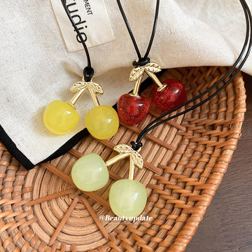 Red Glitter Cherry Pendant Black Cord Adjustable Necklace