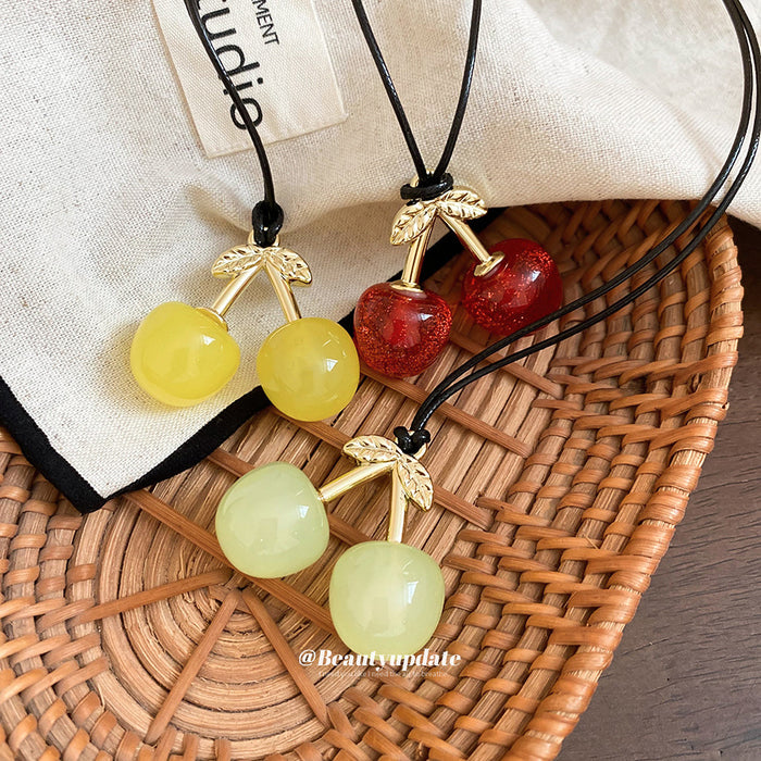 Red Glitter Cherry Pendant Black Cord Adjustable Necklace