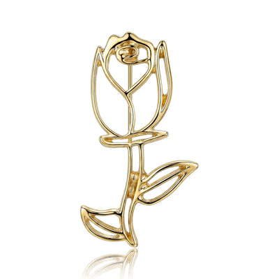 Minimal open-line rose with a long stem and leaf brooch front view