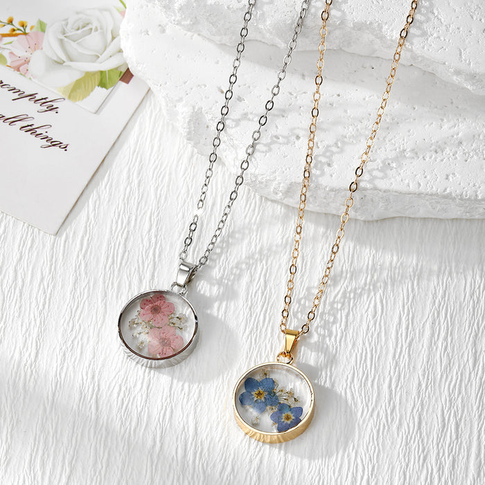 Round Pressed Forget-Me-Not Flower Pendant Necklaces