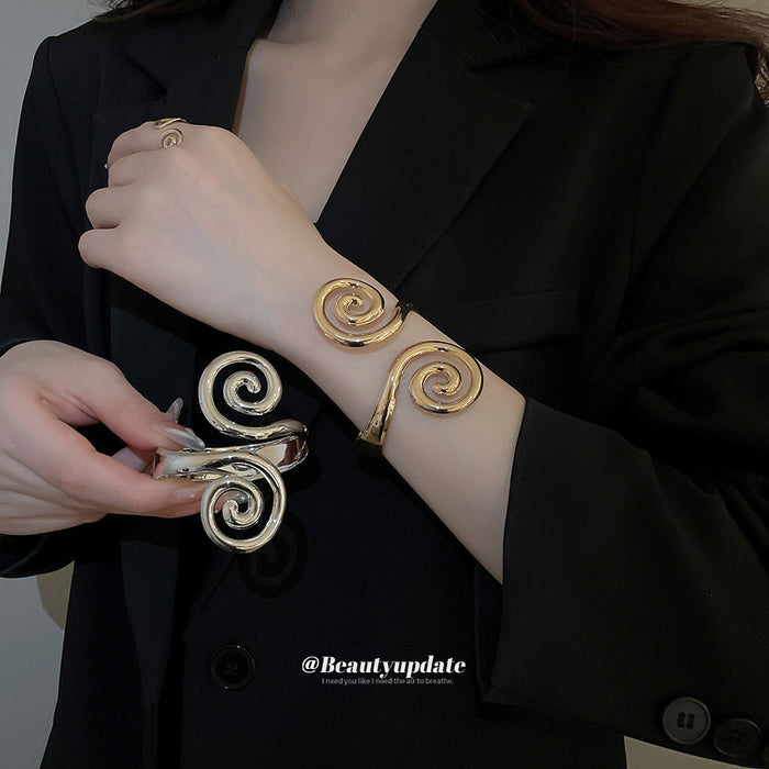 Spiral Open Cuff Bangle Matching Ring Set 2 Colors