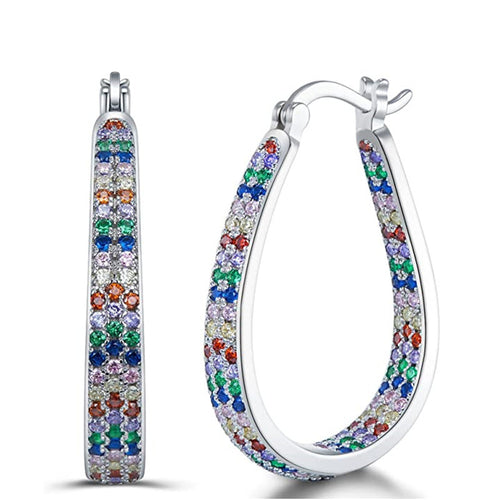 Multicolor Stone Oval Hoop Earrings Metal Jewelry Design shown in a front close-up