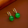 Green Bead Drop Huggie Earrings Gold Crystal Lever Back view 3