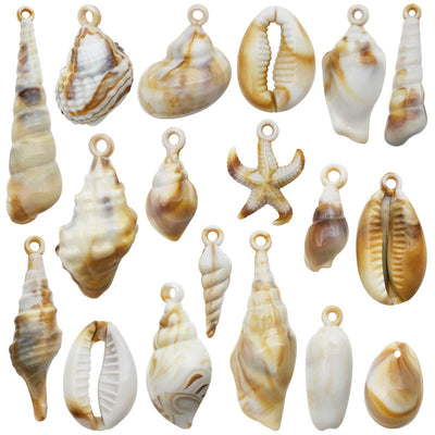 Multicolor seashell charms arranged on a light background