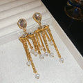 Gold Tone Crystal Bar Fringe Earrings with Pearl Drops view 6
