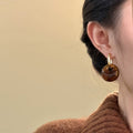 Amber Brown Round Disc Drop Hoop Earrings Matching Jewelry Pair view 4