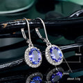 Blue Oval Halo Lever Back Drop Earrings Silver Tone view 5