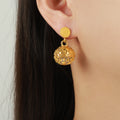 Gold Filigree Hollow Sphere Dangle Earrings Disc Stud view 3