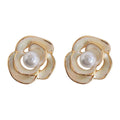 Gold White Enamel Openwork Camellia Pearl Stud Earrings view 5