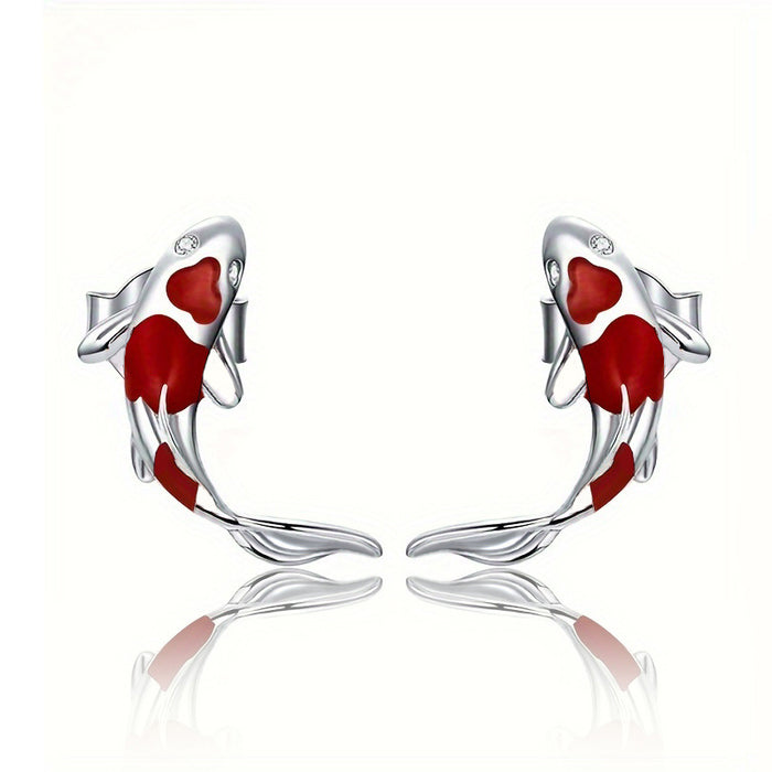 Koi Fish Stud Earrings Red Enamel Gold Silver Tone Clear Eyes