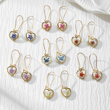 Gold Tone Heart-Shaped Pressed Flower Drop Earrings in Seven Designs