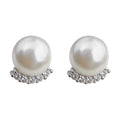 White Pearl Stud Earrings Silver Crescent Pavé CZ Base view 5