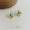 Gold Filigree Four Petal Stud Earrings Turquoise Center Stone view 1