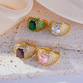 Gold Open Pave Ring Square Glass Stone Purple Pink Green Clear view 4