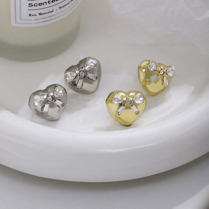 Gold Tone Heart and Bow Clear Stone Small Stud Earrings