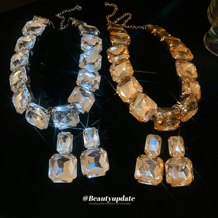 Large Faceted Cushion Crystal Necklace And Earring Set In Gold Or Silver Tone