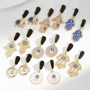 Gold Tone Black Geometric Evil Eye Stud Drop Earrings in Ten Designs