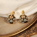 Gold Tone Enamel Drop Earrings Leaf Stud Geometric Pattern view 2