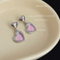 Silver Double Heart Drop Pink Iridescent Stud Earrings view 2