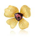 Hammered Gold Tone Flower Brooch With Deep Red Crystal Center view 5