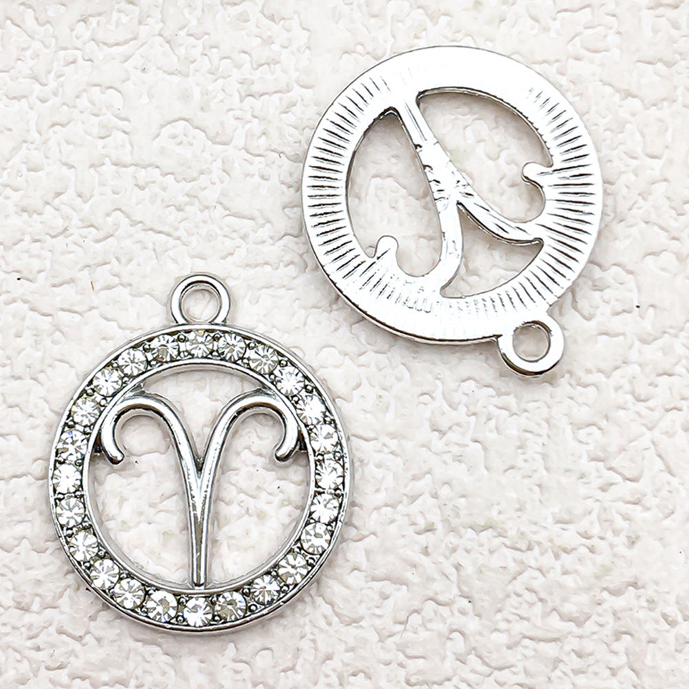 Rhinestone Zinc Alloy Zodiac Round Tag charm pendants for DIY keychains bracelets necklaces