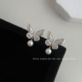 Silver-Tone Textured Butterfly Stud Earrings Pearl Dangles view 3