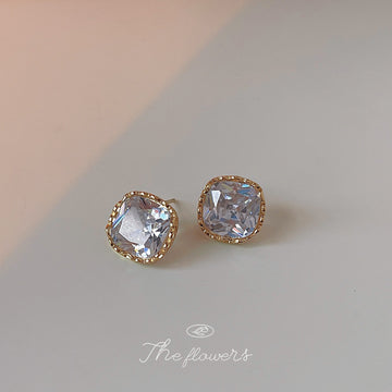 Cushion Cut Clear Crystal Stud Earrings Gold Bezel Settings