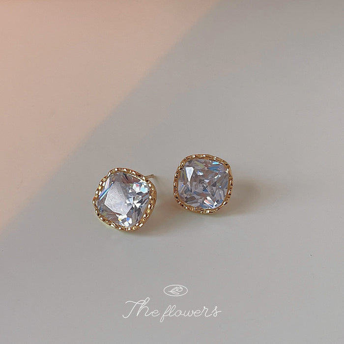 Cushion Cut Clear Crystal Stud Earrings Gold Bezel Settings