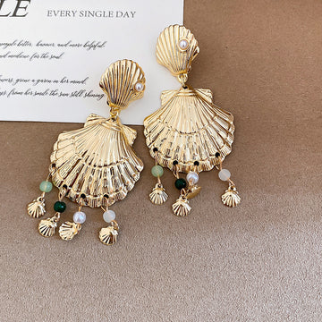 Ridged Shell Fringe Drop Earrings in Two Metal Tones