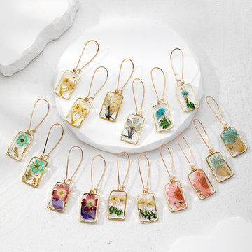 Gold Tone Rectangular Botanical Clear Drop Earrings in Ten Designs