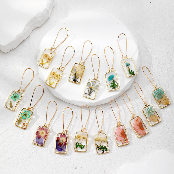 Gold Tone Rectangular Pressed Flower Resin Long Drop Earrings
