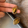 Gold Tone Oval Brown Cabochon Framed Stud Earrings view 3