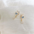 Gold Blue Butterfly Pearl Flower CZ Drop Earrings Pair view 4