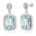 Light Blue Emerald Cut Halo Drop Earrings Silver Tone Metal view 1