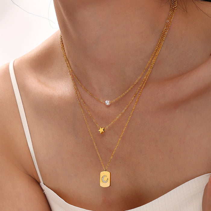Double Layer Star Pendant Imitation Pearl Necklace Stainless Steel