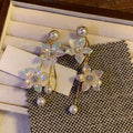 Gold Tone Floral Pearl Drop Earrings With Crystal Accents view 2