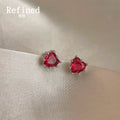 Mini Red Heart Zircon Stud Earrings Silver Prong Set view 1