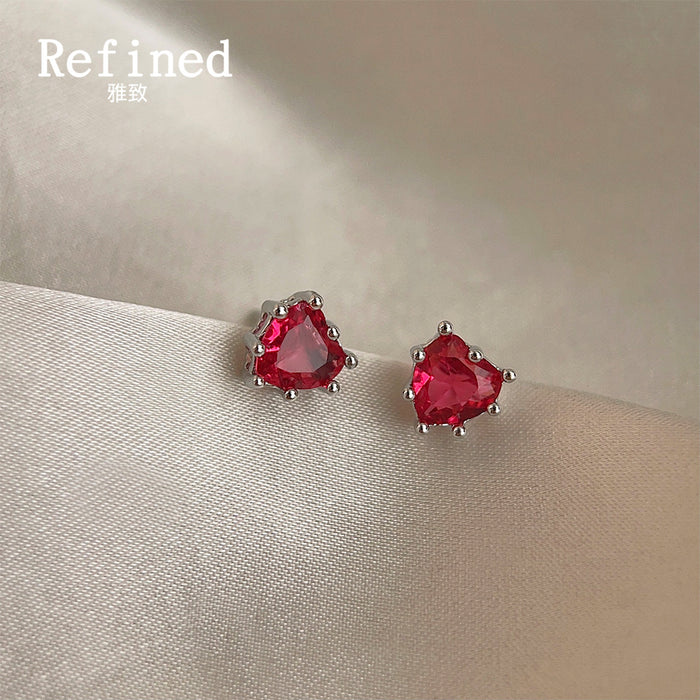 Mini Red Heart Zircon Stud Earrings Silver Prong Set