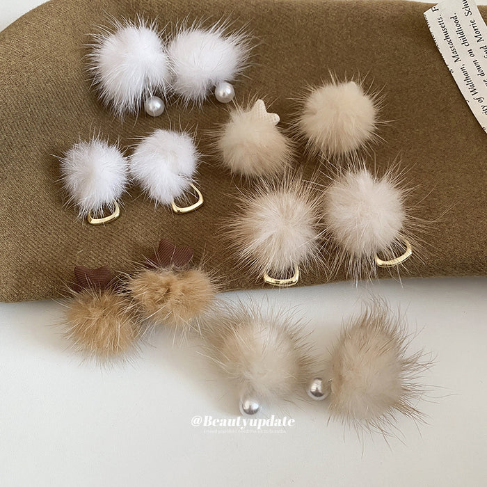 Fluffy Pom Pom Stud Earrings in Six Neutral Designs