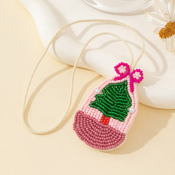 Beaded Pine Sprig Basket Charm Pendant with Bow and Cream Cord