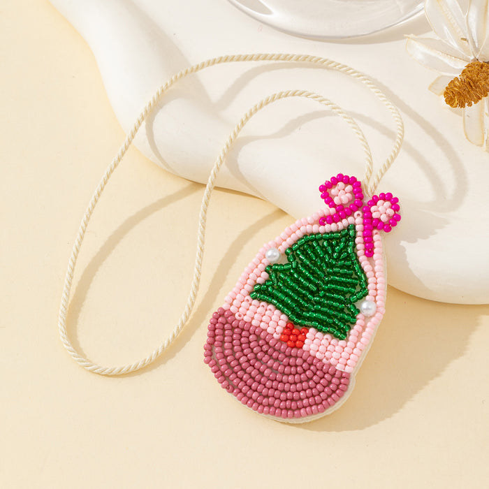 Beaded Pine Sprig Basket Charm Pendant with Bow and Cream Cord