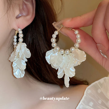 White Petal and Pearl Embellished Hoop Earrings Fashion Jewelry