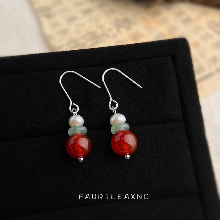 Pearl Green Disc Red Agate Drop Earrings Silver Hook