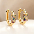 Gold Tone Rainbow Stone Rectangular Hoop Earrings Polished Metal Jewelry view 2